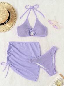 Swim Basics Summer Beach 3packs Textured Ring Linked Bikini With Beach Skirt