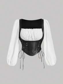 SHEIN MOD Plus Size Retro Long Lantern Sleeve PU Patchwork Shirt - Black and White - View 1