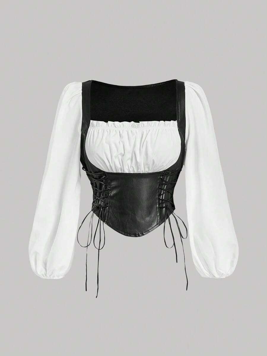 SHEIN MOD Plus Size Retro Long Lantern Sleeve PU Patchwork Shirt - Black and White - View 1