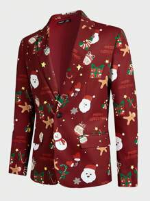 Manfinity VCAY Men's Casual Christmas Pattern Loose Long Sleeve Blazer & Pants, Woven Fabric, Everyday Wear Christmas Clothes Outfit - Red - View 10