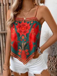 Selianne Camiseta de tirantes holgada casual con estampado de plantas para mujer - Verde - Ver 5