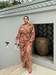 SHEIN SXY Plus Size Women's Long Sleeve Paisley Brown Polka Print Shirt Collar Drawstring Side Slit Midi Dress,Boho Autumn Holiday Vacation Daily Casual Party - Multicolor - View 5