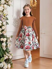SHEIN Tween Girls Casual Combo Floral Patchwork Trumpet Sleeve Round Neck Long Sleeve Dress With Headband, French Countryside Style, Perfect For Outing, Travel, Vacation - Brown - View 5
