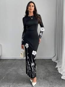 Modelyn 女士圆领紧身花卉贴花优雅长袖连衣裙长款晚礼服 - 黑色 - 查看 3