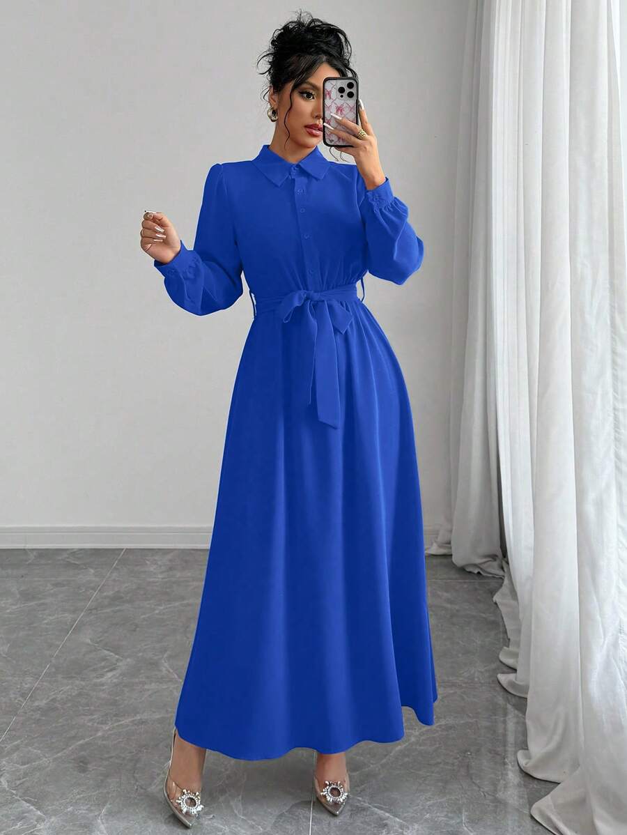 Elenzga Elegancka sukienka na imprezę świąteczną dla kobiet, modny styl dojeżdżania do pracy, długi rękaw, kołnierzyk, pasek w talii z kokardą, jednolity kolor, długość maxi - Królewski Niebieski - Zobacz 1