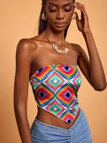 Abeille Creations Designer Boho Bohemian Women's Multi-Color Abstract Geometric Pattern Print Summer Vacation Sexy Style Tube Top, For Going Out, Festival, Ibiza Fits