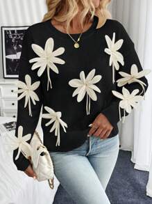 SHEIN Unity 女士3D手工花朵长袖套头毛衣，秋冬针织套头衫 - 黑色 - 查看 5
