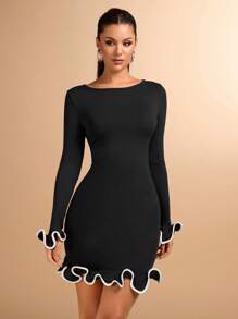 SHEIN BAE Women's Long-Sleeved Dress With Ruffles And Waves, Dating Outfit, Daily Travel, Autumn Inner Wear, Summer Wear - Black - View 3