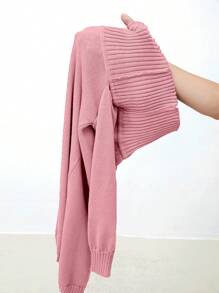 TRNVIE Women Solid Color Long Sleeve Off-Shoulder Turtleneck Sweater Dress, Autumn/Winter - Pink - View 6