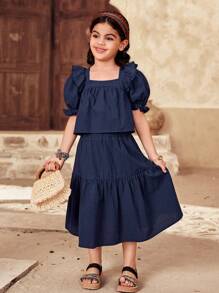 SHEIN Set de 2 piezas: Top corto de manga abullonada con cuello de banda liso y falda ajustada para niñas jóvenes - Azul - Ver 1