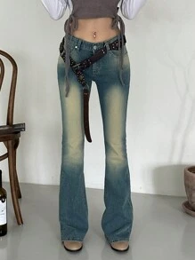 DAZY 女士水洗做旧修身喇叭牛仔裤，全年供应低腰牛仔裤 - 藍色 - 查看 6