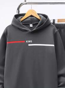 SHEIN Leap Crew 2pcs/Set Casual Versatile Comfortable Striped & Letter Print Knit Hoodie And Sweatpants Set, Suitable For Parties, Back To School, Fleece Thickened - Dark Grey - View 5