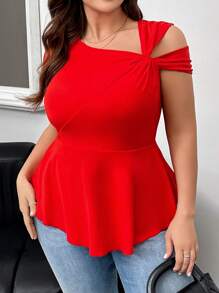 SHEIN Privé 扭腰设计伞形下摆加大码女式 T 恤，情人节造型 - 紅色 - 查看 5