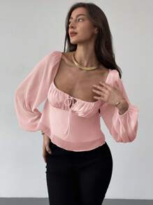 Aloruh Square Neck Gathered Waist Flared Women's Textured Long Sleeve Blouse - Pink - View 1