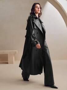 SHEIN X Lucía Bellido Anewsta Damen Angoramantel in Rot mit Knopfleiste, elegant moderner Stil für Frühling und Herbst - Schwarz - Übersicht 7