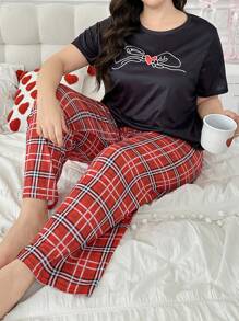 浪漫心形格子印花短袖和长裤睡衣套装，加大码