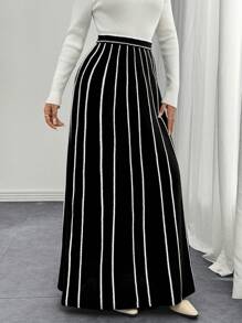 SHEIN ChicEase 法式优雅条纹针织A字高腰修身裙百搭连衣裙 - 黑色 - 查看 5