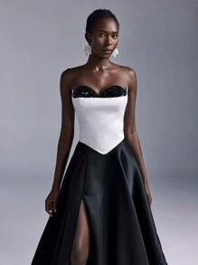 Elitara Elegant Black & White Color Blocking Luxury Sequin Decor A-Line Lace Up Back Formal Evening Gown, Wedding Guest Dress, Party Dress - Black and White - View 2