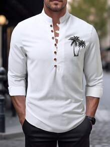 Manfinity RSRT Men's Vacation Casual Coconut Tree Printed Half-Button Down Shirt - White - View 1