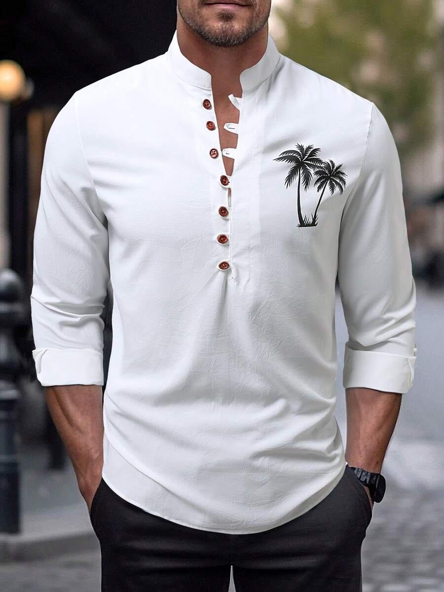 Manfinity RSRT Men's Vacation Casual Coconut Tree Printed Half-Button Down Shirt - White - View 1