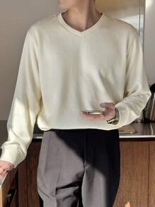 DAZY 男士休闲纯色套头衫，百搭秋季 - 杏色 - 查看 3