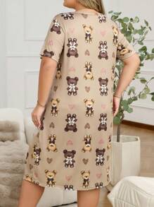 Simple Fashionable Cartoon Bear Print Plus Size Casual Nightgown For Everyday Wear