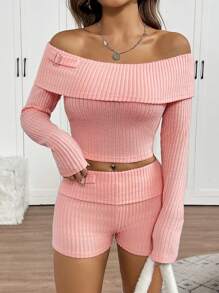 SHEIN EZwear 2pcs/Set Women Off-Shoulder Rib-Knit Thermal Lined Short Jumpsuit Fall Cloth For Women - Pink - View 5