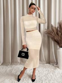 SHEIN Clasi Bộ 2 chiếc thời trang lưới đính đá Rhinestone màu đen dành cho nữ, đa năng khi đi chơi, mùa thu/đông - Màu be - Xem 9