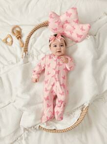 Cozy Pixies 2pcs Newborn Baby Girl Butterfly Pattern Knitted Soft Round Neck Long Sleeve Jumpsuit And Pillow - Pink - View 4