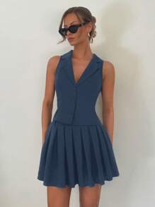 SHEIN Essnce 2pcs Women Button Top And Pleated Mini Skirt Suit Sets - Blue - View 1