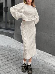 SHEIN Ensemble élégant et vintage minimaliste de pull col montant et jupe tricotée. Style décontracté et de luxe pour l'automne