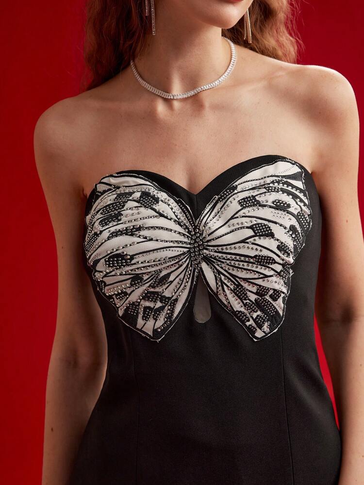 COLORLOCK BUTTERFLY EMBROIDERY TUBE DRESS,VALENTINE'S DAY OUTFIT,SPRING/SUMMER