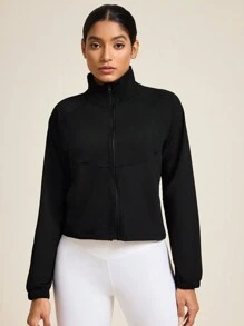 Easithlete Solid Color Stand Collar Raglan Sleeve Cropped Sports Jacket