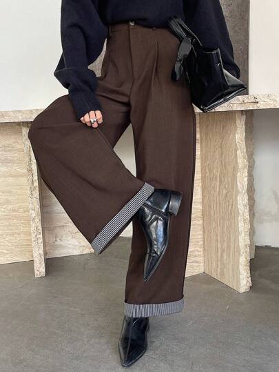 DAZY Women's Striped Patchwork Wide Leg Pants With Pockets, Casual Loose Suit Pants Buisness Attire