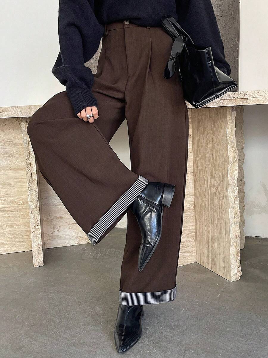 DAZY Women's Striped Patchwork Wide Leg Pants With Pockets, Casual Loose Suit Pants Buisness Attire - Brown - View 1