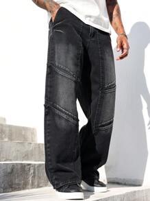Manfinity Homme Celana Jeans Pria Kasual Model Lurus dengan Detail Sobek - Hitam - View 7