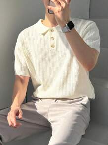 DAZY Men's Solid Color Basic Knitted Polo Shirt, Summer - White - View 5