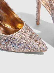 CUCCOO SZL Champagne Color Rhinestones Pointed Toe Stiletto High Heel Slingback Dress Shoes For Women, Suitable For Dating, Party, Festival, Vacation, Wedding Valentine's Day Spring Shoes Prom Heels For Christmas Spring Shoes - Champagne - View 3