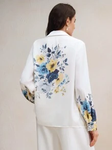 Anewsta Elegant Autumn Woven Digital Positioning Printed White Button Long Sleeved Shirt For Women Modesty Clothes Women