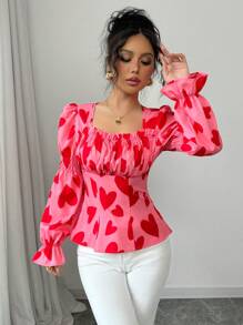 Elenzga Camisa elegante con estampado de corazón rojo y fruncido