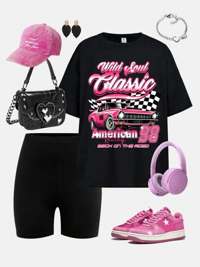 Sparklyn 2 件套青少年女孩圆领汽车字母印花短袖 T 恤和骑行短裤，夏季