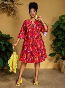 Slaydiva Plus Size Women Summer Animal Pattern A-Line Dress - Red - View 4