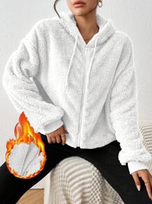 SHEIN Essnce Women Solid Color Fluffy Hoodie Sweatshirt, Ladies Fleece Thick Sweatshirt, Brown, Womenswear, Autumn Sweatshirt, Autumn Womenswear, Ladies Clothing, Sweatshirt, Winter Womenswear - White - View 1