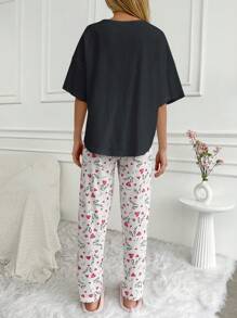 RueChic Women Love Print Pajama Set Simple Fashionable Daily - Black - View 2