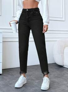 EURMUSE 100%Cotton Ladies' Distressed Frayed Hem Denim Jeans - Black - View 4