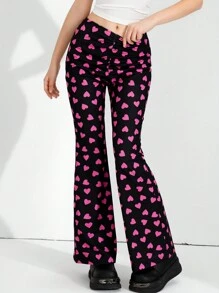 SHEIN Teen Girl Casual All-Over Heart Print Flared Pants