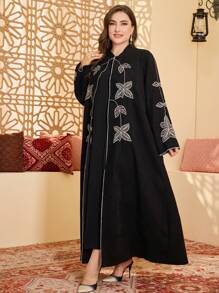 Al Najma Plus Size Women Elegant Embroidered Stand Collar Arab Abaya, Fashion, Autumn/Spring, Modest Robe