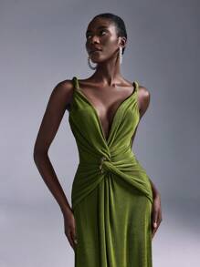 SHEIN Belle Elegant, Romantic, Sexy, Green, Metal Buckle Decoration, Deep V-Neck, Sleeveless, Backless, Fishtail Style, Birthday Party, Wedding Event, Bridesmaid Dress