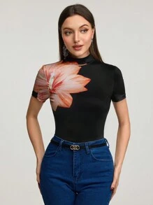 Modelyn Áo thun tay ngắn cổ đứng in hoa thanh lịch dành cho nữ - màu đen - Xem 3