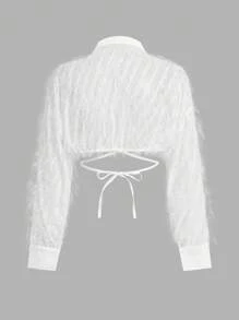 SHEIN ICON Loose Sequin Floral See-Through Cropped Blouse - White - View 2